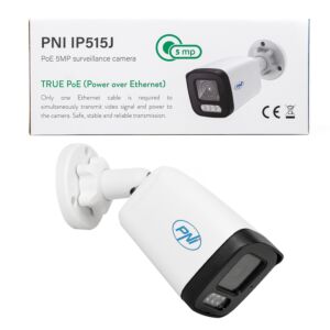 Telecamera di videosorveglianza PNI IP515J POE, bullet 5MP, 2,8mm, per uso esterno, audio bidirezionale, bianca Descrizione immagine