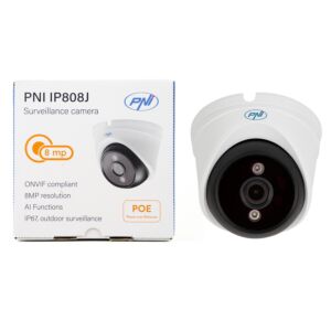 Telecamera per videosorveglianza PNI IP808J, POE, 8MP, luce nera, obiettivo 2,8mm, per uso esterno, bianca