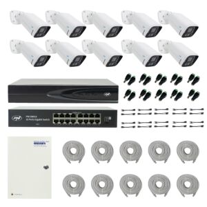 Pacchetto NVR PNI House IP816 con 10 telecamere PNI IP780 4MP, sorgente, interruttore, cavi, spine e splitter