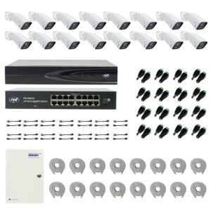 Pacchetto NVR PNI House IP816 con 16 telecamere PNI IP740 da 4 MP, sorgente, interruttore, cavi, spine e splitter