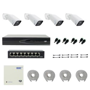 Pacchetto NVR PNI House IP816 con 4 telecamere PNI IP740 4MP, sorgente, interruttore, cavi, spine e splitter