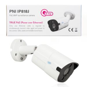 Telecamera di videosorveglianza PNI IP818J, POE, bullet 8MP, luce nera, obiettivo 2,8mm, per uso esterno, bianca