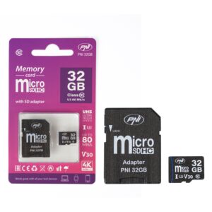 Scheda di memoria MicroSD PNI da 32 GB con adattatore SD, Classe 10, 80 Mb/s, V30