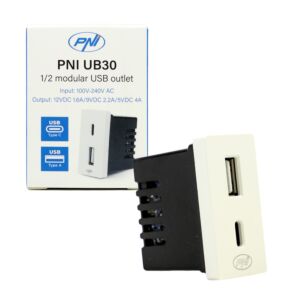 Presa di corrente 2 x USB PNI UB30, USB-A USB-C, 12V/9V/5V, max. 20W, modulare, tipo F 1/2, montaggio ad incasso