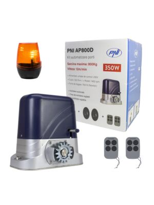 Kit automazione cancello PNI AP800D, motore, fotocellule, telecomando, lampada, 230V, 1100 N e cancello scorrevole 800KG