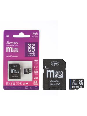 Scheda di memoria MicroSD PNI da 32 GB con adattatore SD, Classe 10, 80 Mb/s, V30